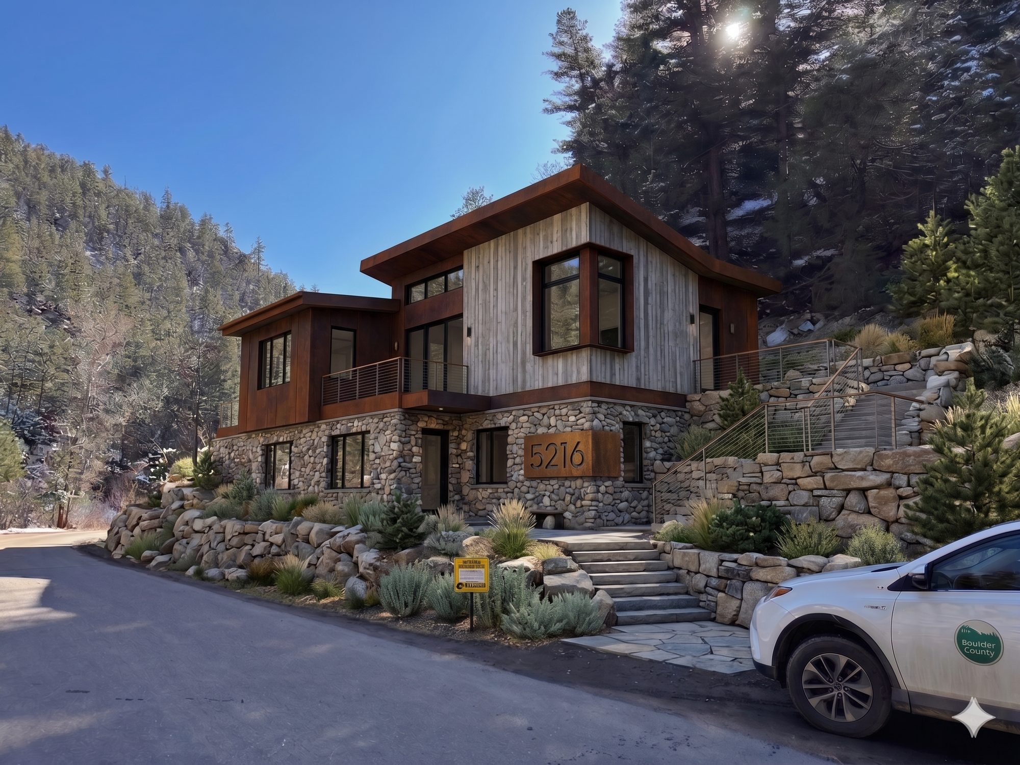 A generated design concept rendered onto the same build-site photograph